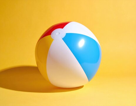 Colorful inflatable beach ball with red yellow white and blue panels casting a shadow