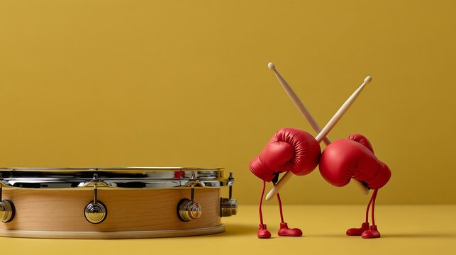 Pair of drumsticks wearing tiny boxing gloves playfully fighting on snare drum