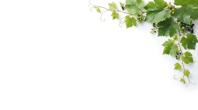 Green grapevine tendrils with unripe berries against a clean white background for organic design