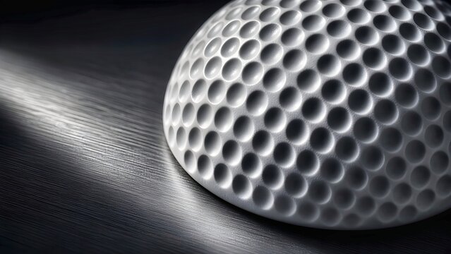 Macro detail of white golf ball dimple pattern highlighted with dramatic side lighting