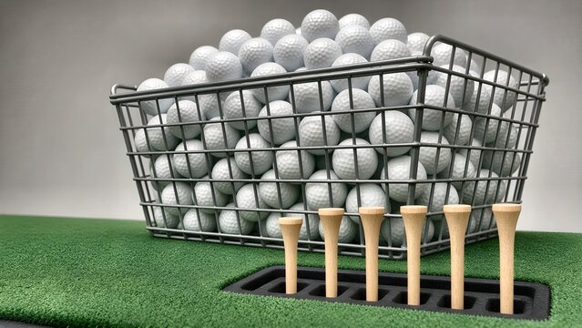 Wire range basket full of white golf balls with wooden tees arranged on green practice mat