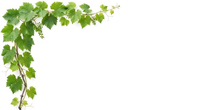 Green grapevine tendrils with young developing grapes in soft studio light against a clean white background
