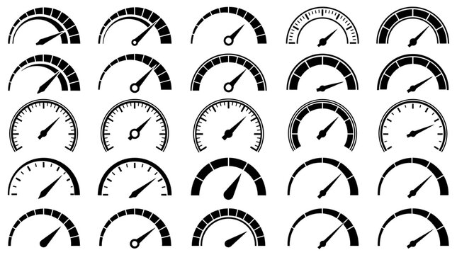 Dashboard gauge icons set, variety of semicircular and circular speedometer designs, vector symbols for indicators, meters, and measurement tools for graphics and interface