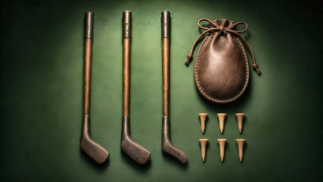 Flat lay of vintage wooden golf clubs leather drawstring pouch and wooden tees on dark green background