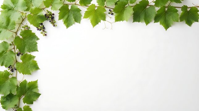 Green Grapevine with Unripe Berries in Soft Natural Light on White Background