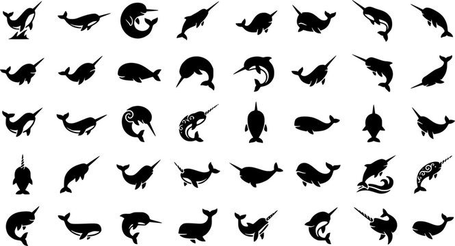 Narwhal Character Icon Set &ndash; Silhouette Style. Covers unicorn whale, arctic sea mammal, tusked whale & more. Solid black glyph, transparent background.
