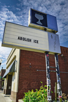Abolish Ice sign on a marquee sign in the Short North neighborhood of Columbus Ohio USA 2026