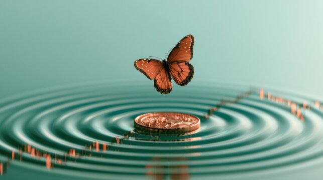 Close-up of orange butterfly flying above a single coin on water with ripple effect and abstract financial chart in soft teal background