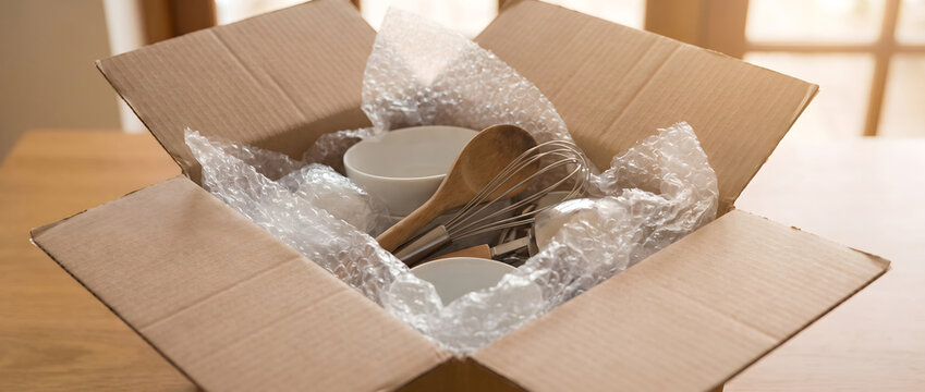An open cardboard box with bubble wrap holds kitchen items including bowls, a wooden spoon and a metal whisk, prepared for packing.