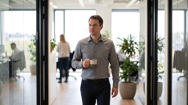 A professional man walks through a bright modern office while holding a coffee cup, with colleagues working in the background.
