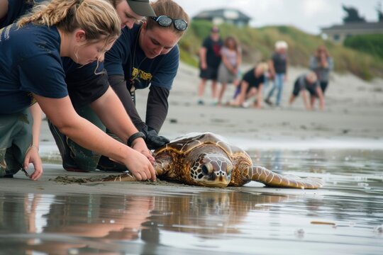 Animal rescue: people helping a marine animal stranded on the shore.