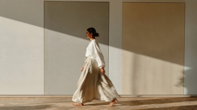 Mental health support group setting with a blurred South Asian woman walking toward chairs, soft daylight and copy space for wellness banners