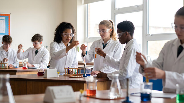 Diverse teenage students in lab coats and safety goggles conduct chemical experiments with test tubes and glassware in a bright school laboratory.