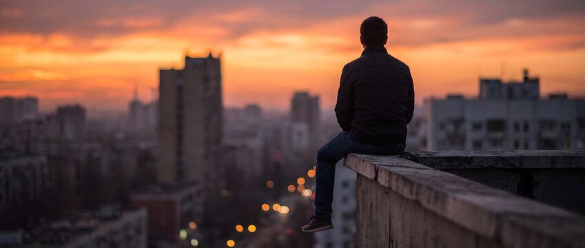 A silhouetted adult male sits on a rooftop ledge, overlooking a hazy urban cityscape during vibrant sunset hours.