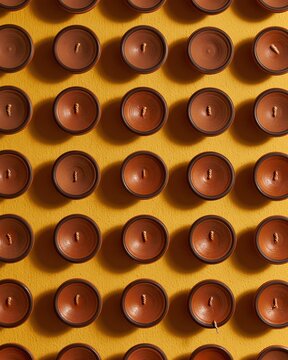 Diwali lamps made of terracotta clay arranged in rows on a bright ochre background, featuring powdery matte textures for seasonal packaging and pattern design