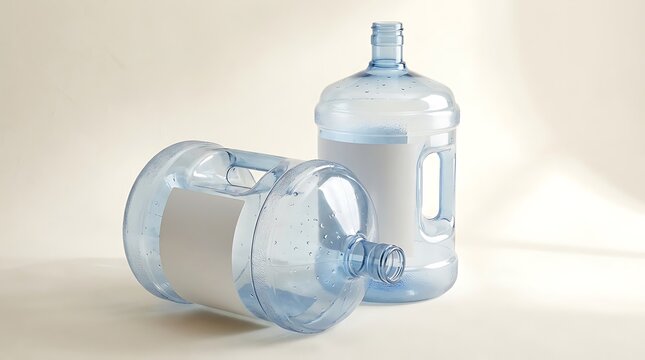 Two large empty plastic water bottles for a office water cooler dispenser system on a light surface. 5 gallon jug