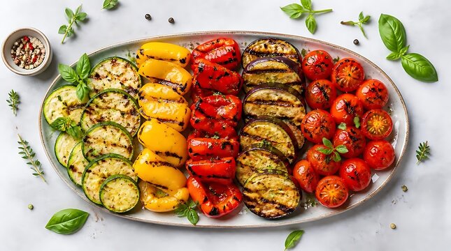 Grilled Mediterranean vegetable platter with tomatoes and zucchini.