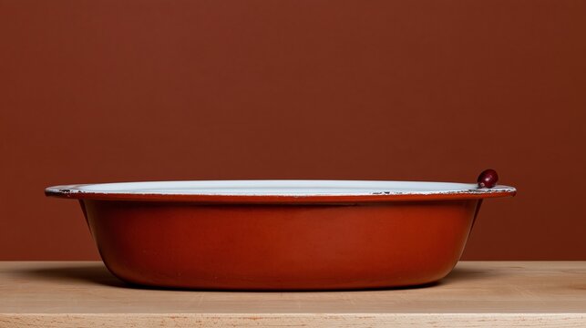 Ochre roasting dish with a chipped rim and a single cranberry, resting on a wooden surface with ample copy space for harvest greetings