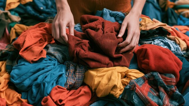 Person sorting through colorful casual clothing on a cluttered surface with hands organizing fabric in natural light indoors