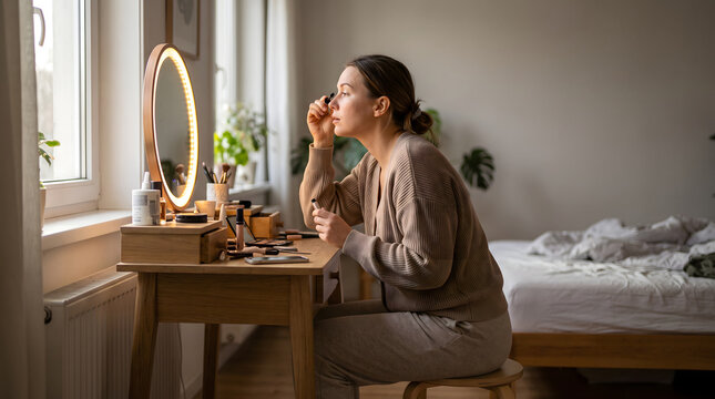 A young adult woman applies makeup at a vanity table in a bright, cozy bedroom with natural light from windows.