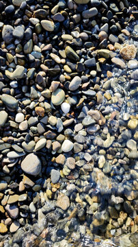 A close-up view of smooth, colorful pebbles on a beach. The stones vary in size and shape, partially submerged in clear water.