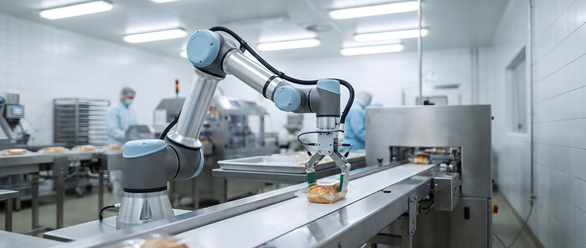 A collaborative robot handles food items on a conveyor in a sterile food manufacturing facility with workers in protective gear.