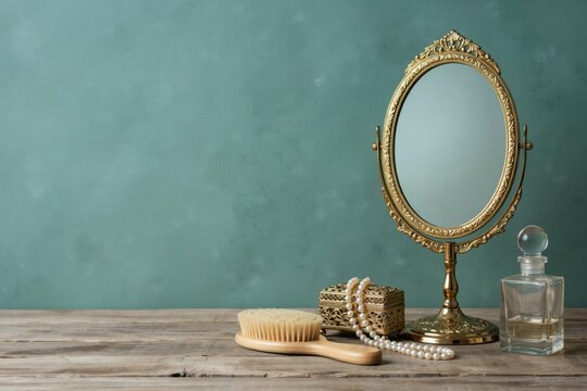 Vintage vanity set with gold mirror, pearl necklace, and perfume bottle