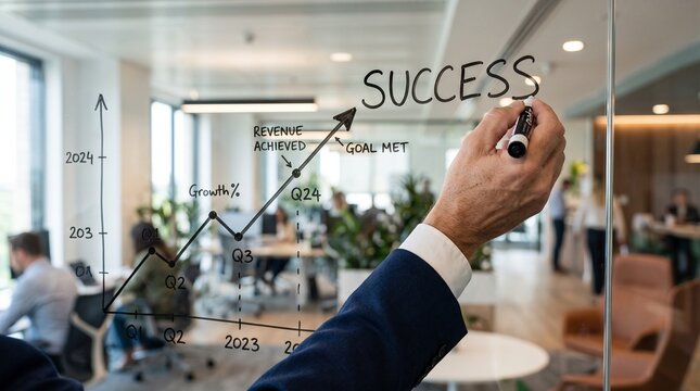 Success growth chart drawn on glass wall, businessman hand writing achievement goals, corporate financial progress and revenue increase