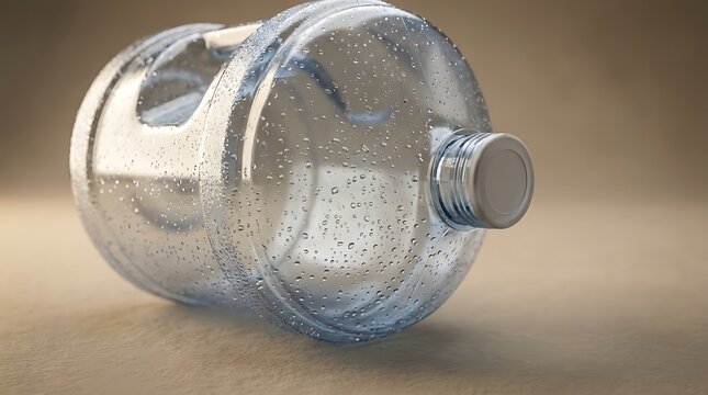 Clear plastic water bottle with condensation drops lying on a dark surface for hydration concept. 5 gallon jug