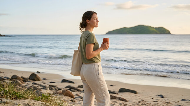 Woman on beach, standing and holding reusable coffee cup with tote bag, wearing linen clothing and green shirt, scenic ocean shore with island background, sustainable lifestyle marketing campaign.