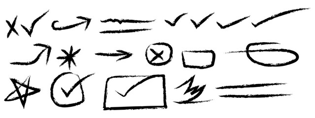 Black charcoal pencil doodle marks and check signs pack set on transparent checkered background © Jharna