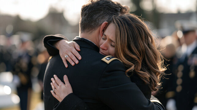 A military chaplain consoling a sobbing young widow at graveside, rain falling lightly, wartime bereavement ministry, funeral ceremony, grief counseling, military loss support,