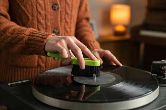 Person cleaning a vinyl record with a brush on a turntable
