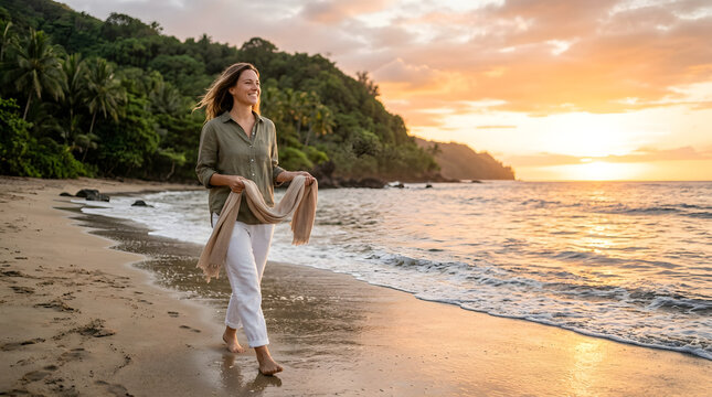 Happy woman beach, walking barefoot holding scarf during golden sunset glow, wearing linen shirt and white pants, tropical coastline with palm trees, perfect for global travel advertising marketing c