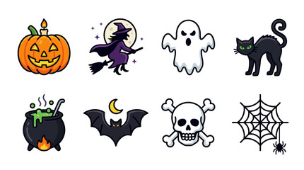 Obraz premium Halloween Icons Set Featuring Spooky Symbols Like A Jack-o'-lantern, Witch, Ghost, Black Cat, Cauldron, Bat, Skull, And Spiderweb