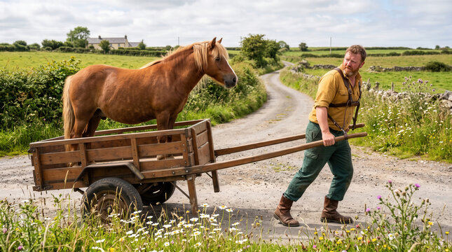 Man Pulling a Wooden Cart Carrying a Horse on a Country Lane