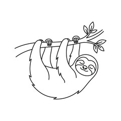 Fototapeta premium Minimalist line art drawing of a cute sloth hanging from a branch for nature themed creative projects