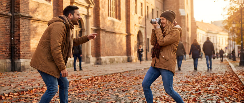 A smiling woman takes a photo while a man points playfully on an autumn cobblestone street lined with historic brick buildings.