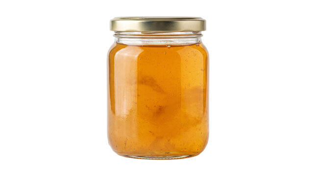 Golden orange marmalade glass jar with metal lid suitable for homemade preserves and breakfast product.