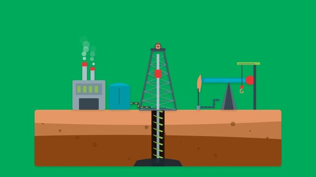 Petroleum drilling rig refinery factory and nodding donkey pumpjack extracting oil in seamless looping animation on green screen background flat 2D graphic style