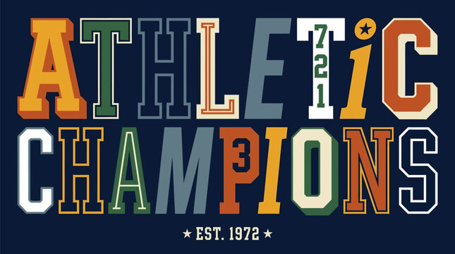 Athletic champions typography design with vintage collegiate block lettering isolated on a dark background for sports apparel and team merchandise graphics featuring established date text elements