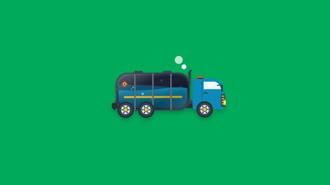 Petroleum oil tanker truck transporting liquid fuel with sloshing movement inside tank and exhaust smoke animation on solid green screen background in 2D flat style