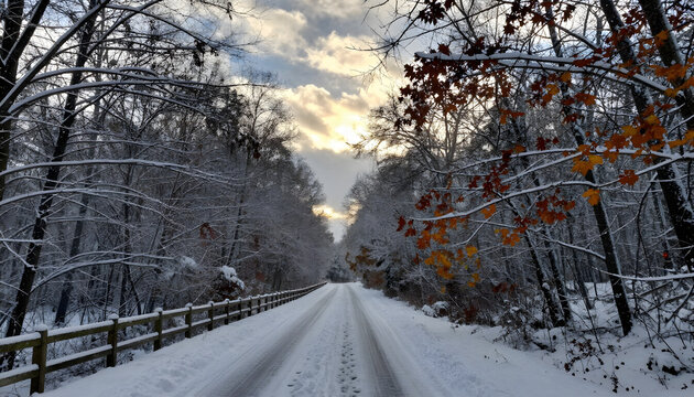 Snow-covered forest path with tire tracks and footprints, surrounded by frost-covered trees with lingering autumn leaves, wooden fence along the side. Podcast cover for seasonal