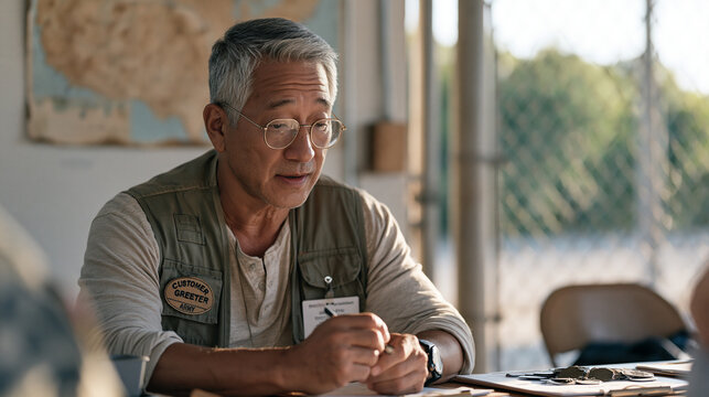 A nonprofit army intake volunteer walks through a homeless shelter checklist beside a faded base map on the wall, a customer greeter badge pinned to a vest, outdoor nature visible
