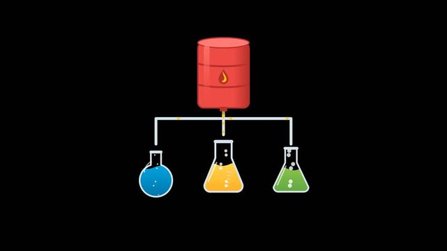 Red petroleum barrel distributing crude oil to chemical laboratory flasks with animated bubbling liquid on black background in flat 2D motion graphic
