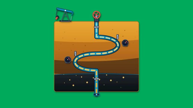 Petroleum extraction pipeline with flowing crude oil and working pumpjack over subterranean geological ground cross section on green screen in flat 2D animation