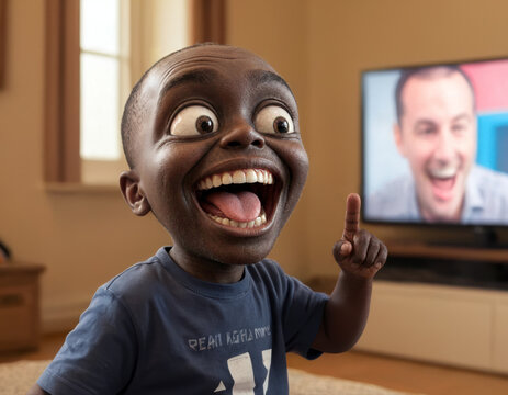 Funny Caricature of Bearded Young Man with Big Eyes Pointing at TV Screen