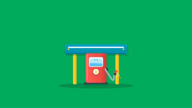 Red petroleum gas station fuel dispenser standing under service canopy with subtle motion on chroma green screen background in minimalist 2D graphic loop