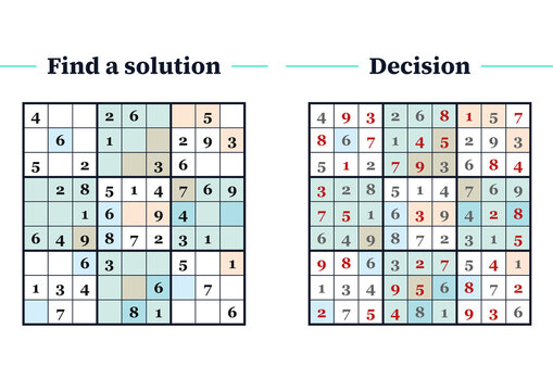 Sudoku puzzle with solution and decision grids displayed side by side  