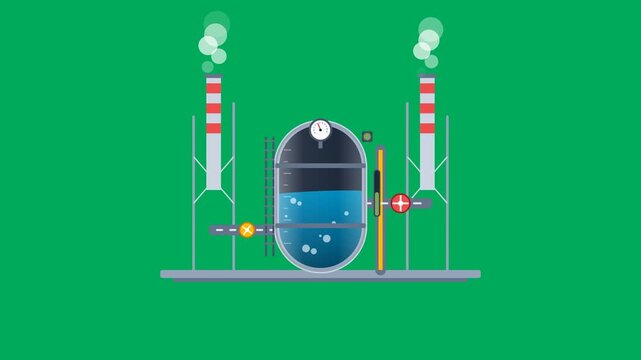 Industrial petroleum processing tank and refinery chimneys filling with bubbling liquid and emitting smoke on green screen background in seamless 2D flat vector animation